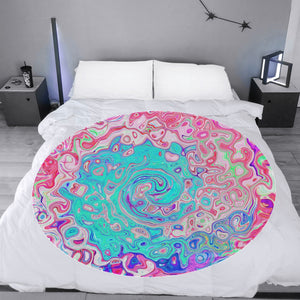 Round Throw Blankets, Groovy Aqua Blue and Pink Abstract Retro Swirl