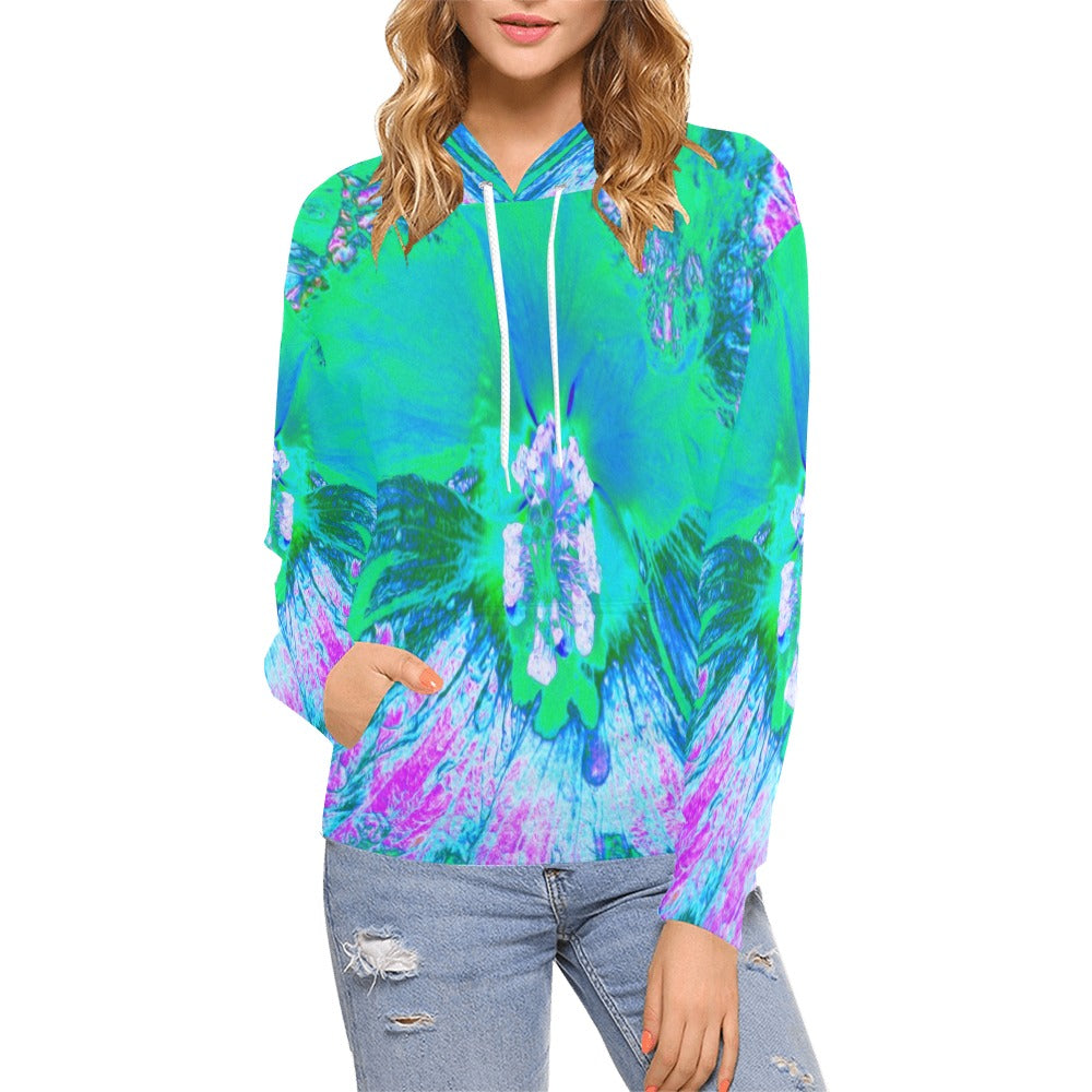 Hoodies for Women, Psychedelic Retro Green and Hot Pink Hibiscus Flower