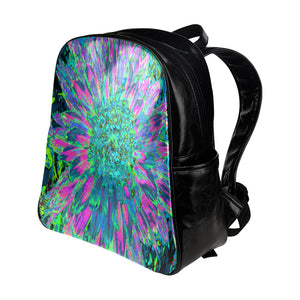 Backpack - Faux Leather, Psychedelic Magenta, Aqua and Lime Green Dahlia - Black