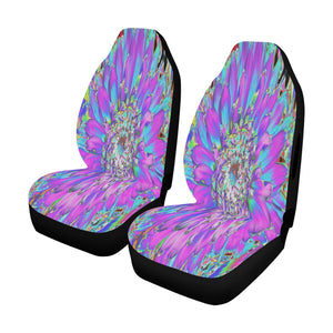 Car Seat Covers, Trippy Abstract Aqua, Lime Green and Purple Dahlia