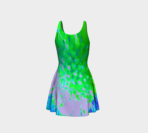 Fit and Flare Dresses, Abstract Pincushion Flower in Lavender and Green