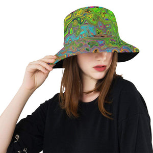 Groovy Abstract Retro Lime Green and Blue Swirl Bucket Hats