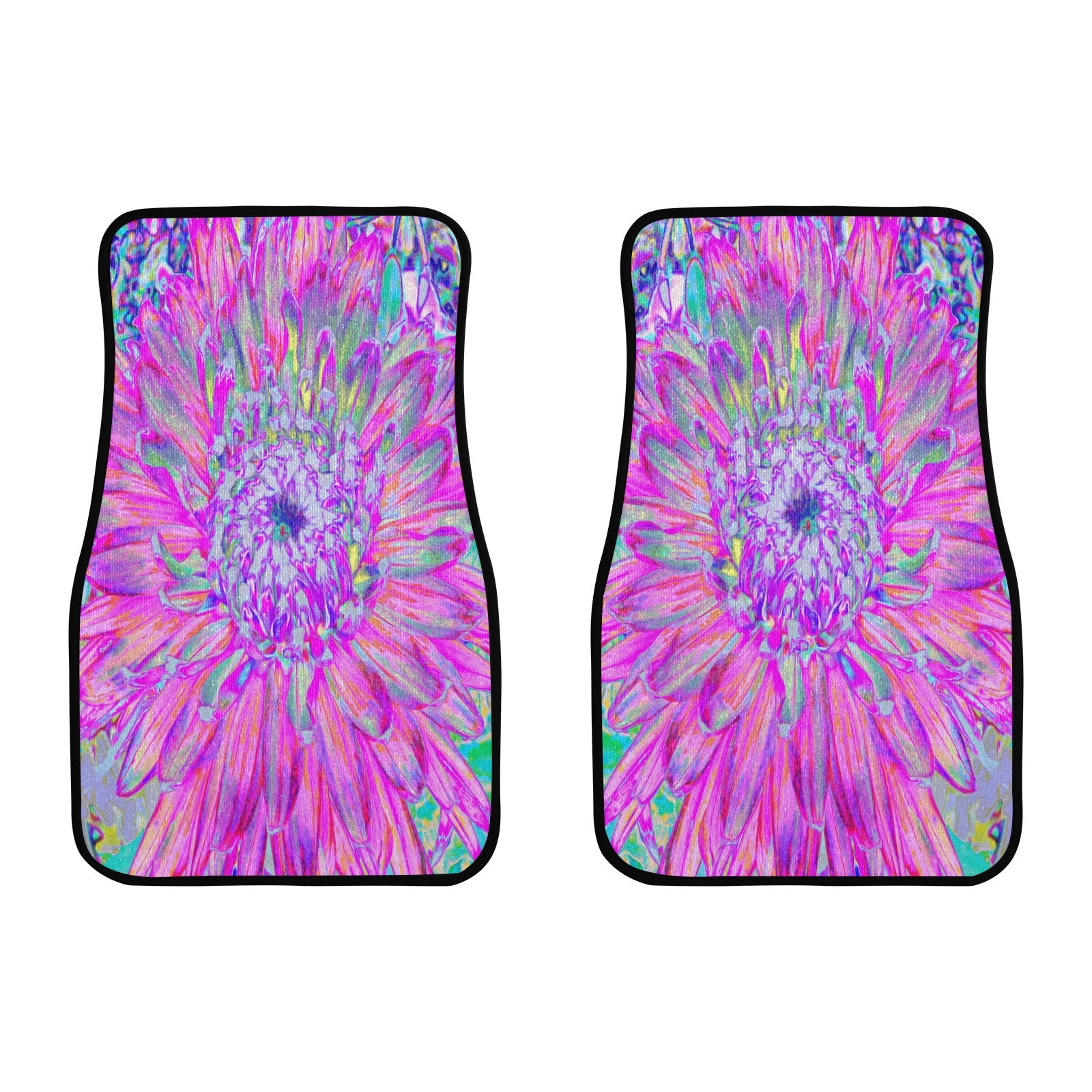 Car Floor Mats, Cool Pink Blue and Purple Artsy Dahlia Bloom - Front Set of Two