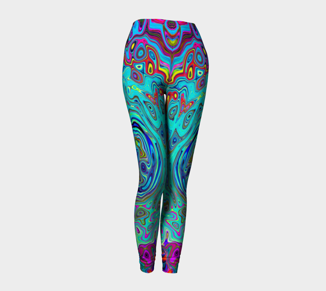 Colorful Artsy Leggings for Women, Trippy Sky Blue Abstract Retro Liquid Swirl