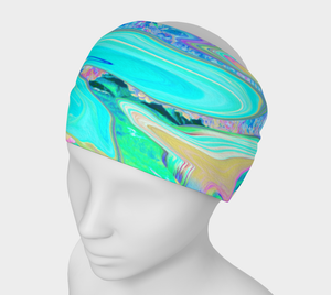 Wide Fabric Headband, Retro Aqua Blue Liquid Art on Abstract Hydrangeas, Face Covering