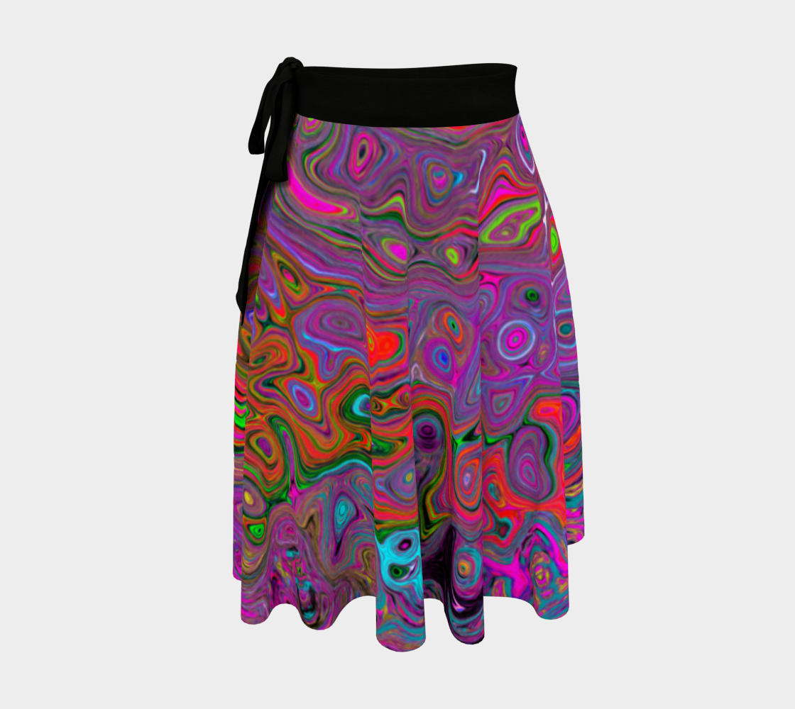 Artsy Wrap Skirt, Psychedelic Groovy Magenta Retro Liquid Swirl