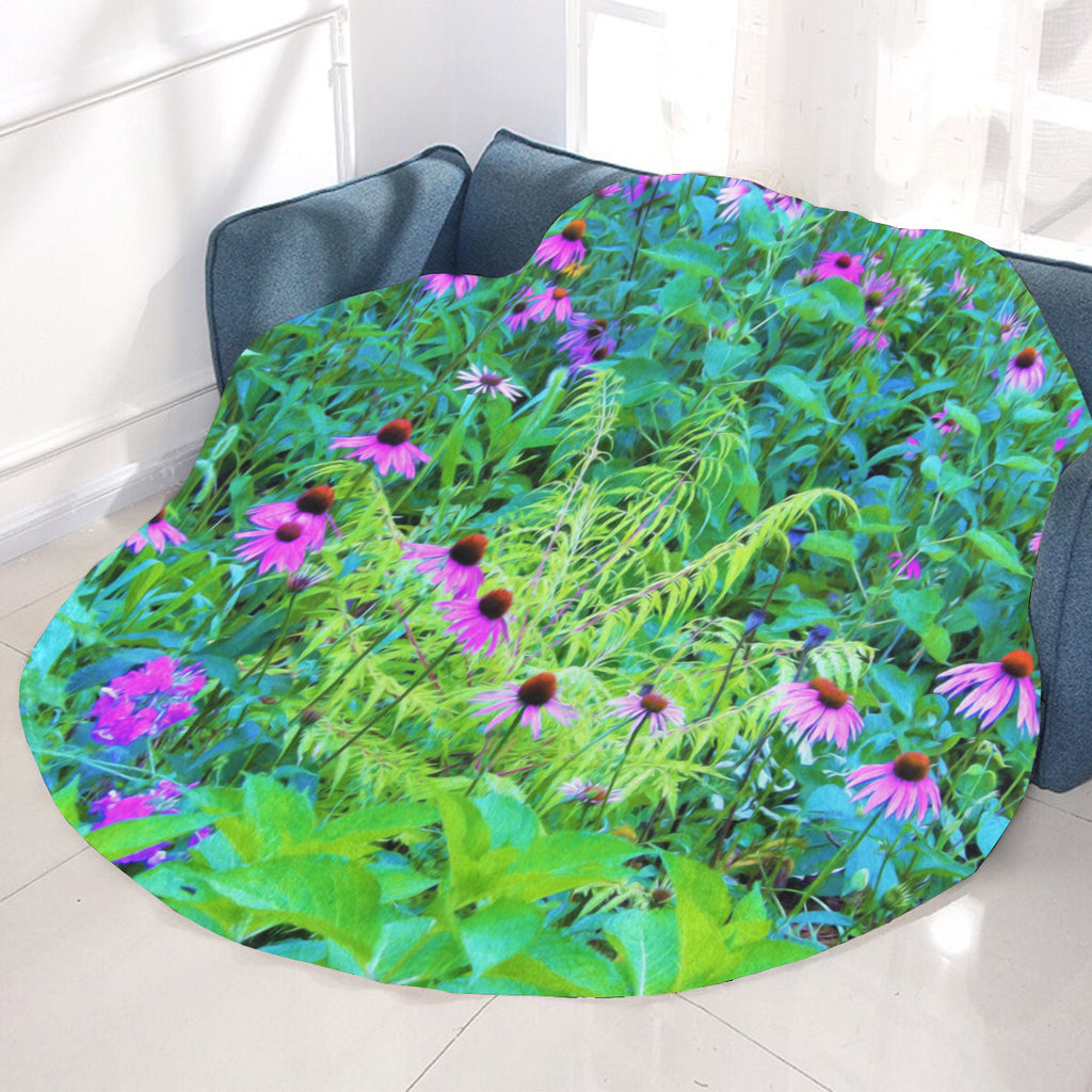 Round Throw Blankets, Purple Coneflower Garden with Chartreuse Foliage