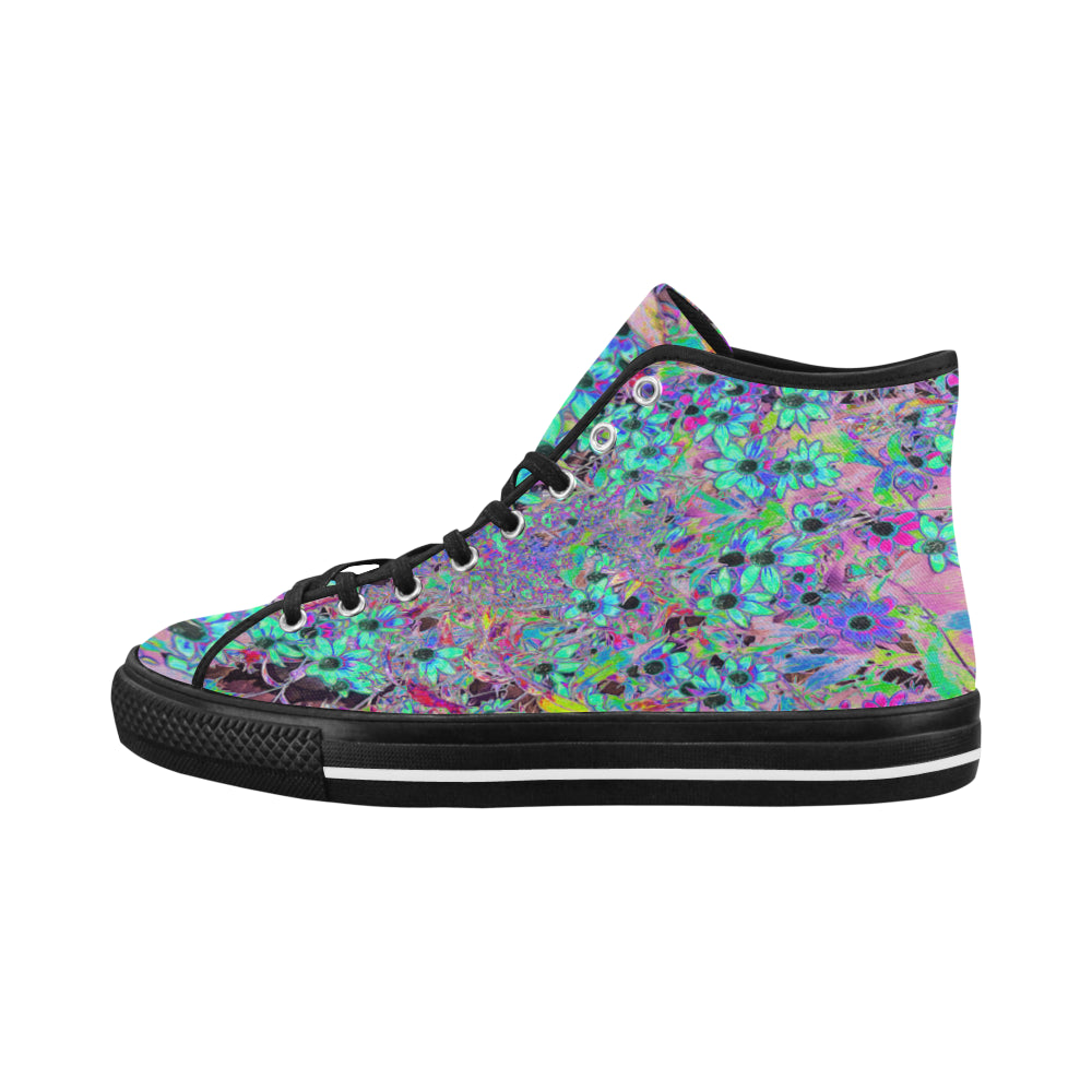 Colorful High Top Sneakers for Women, Purple Garden with Psychedelic Aquamarine Flowers, Black