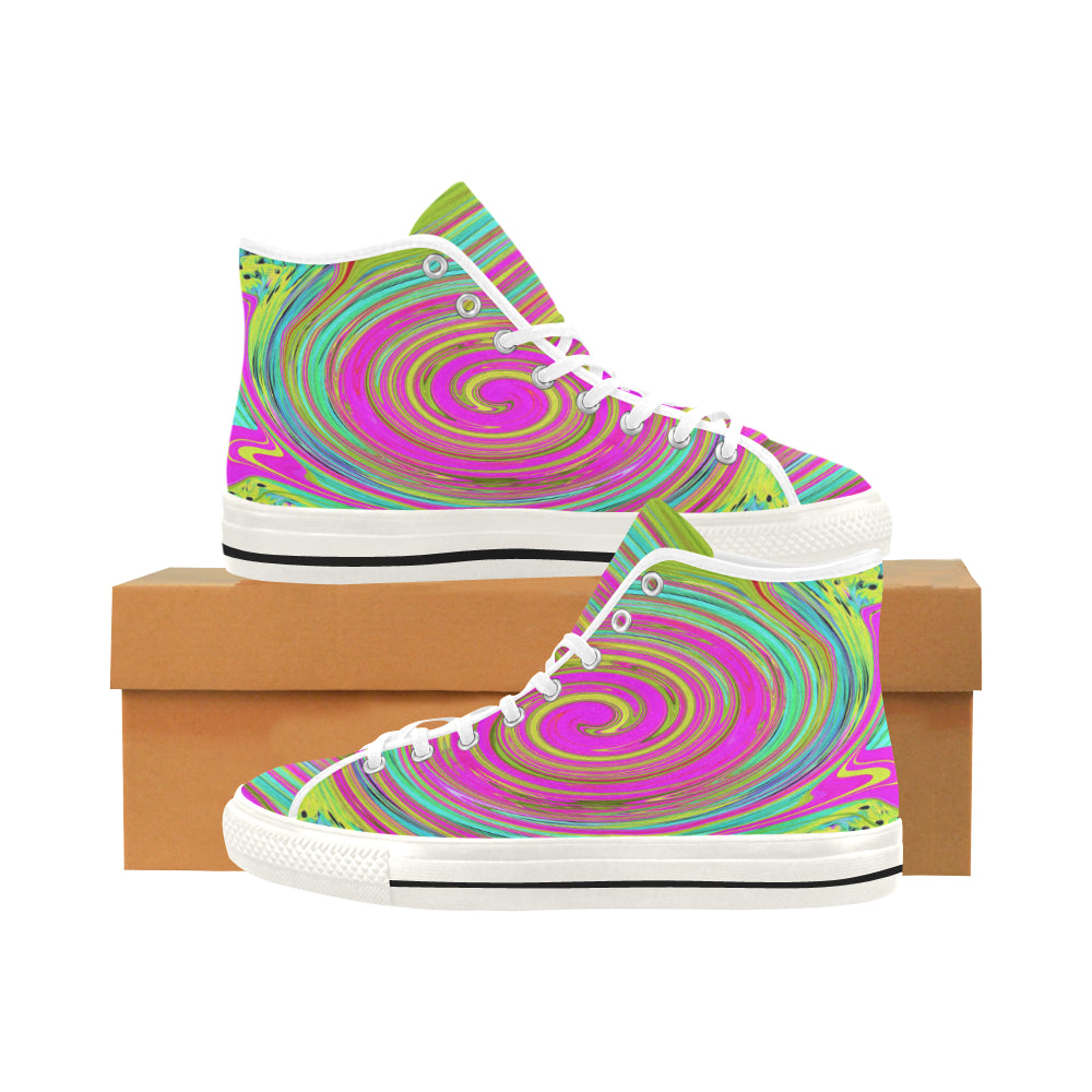 Colorful High Top Sneakers for Women, Groovy Abstract Pink and Turquoise Swirl with Flowers, White