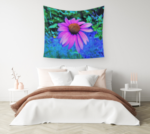 Wall Tapestries, Pink and Purple Coneflower on Blue Garden
