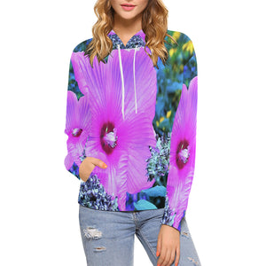 Hoodies for Women, Pink Hibiscus with Blue Hydrangea Foliage