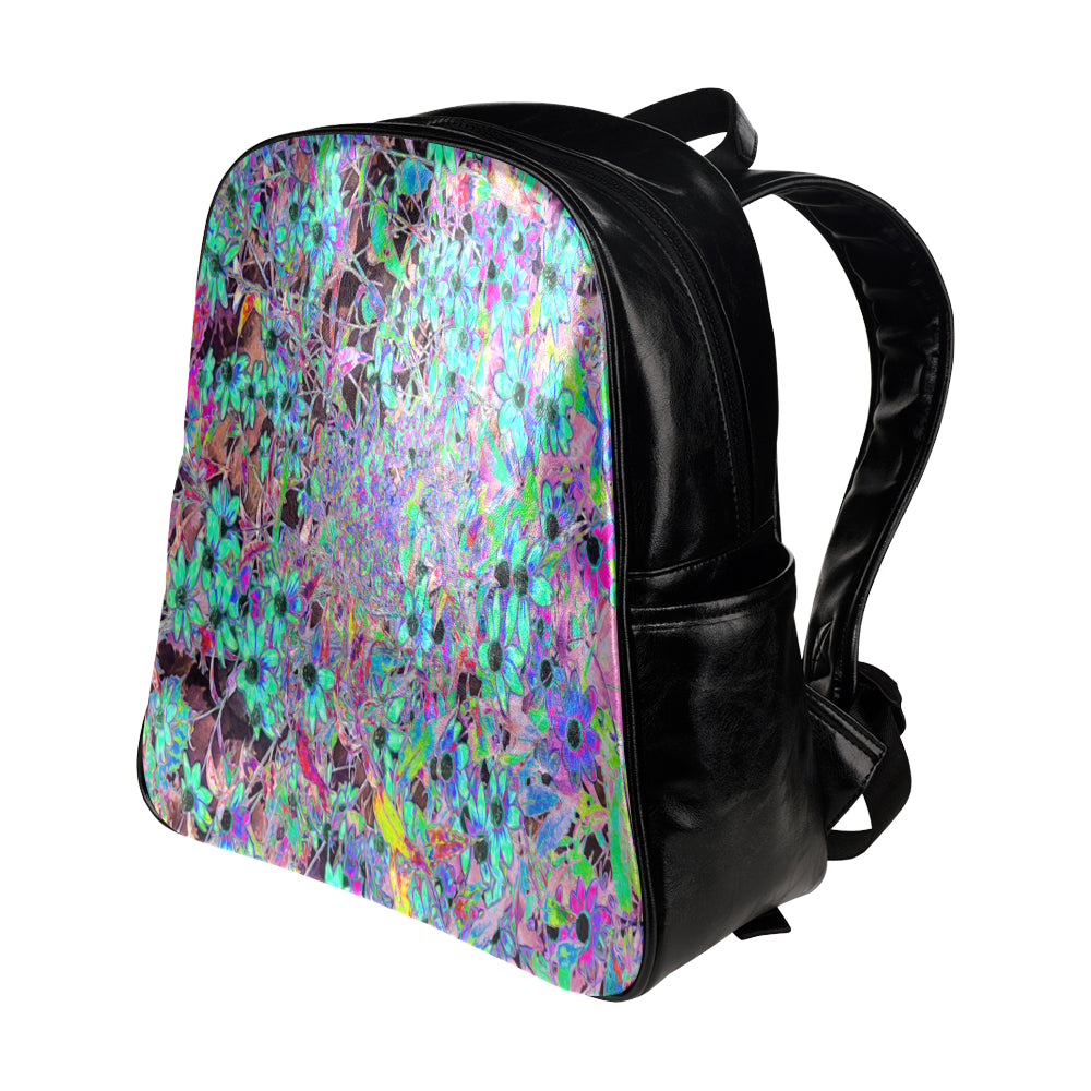 Backpack - Faux Leather, Purple Garden with Psychedelic Aquamarine Flowers