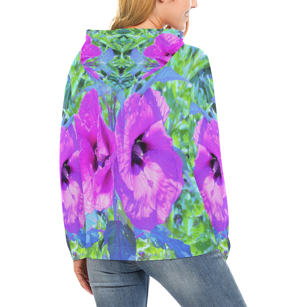 Hoodies for Women, Ultra-Violet Plum Crazy Purple Hibiscus Flowers