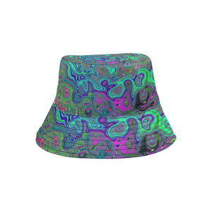 Bucket Hats, Trippy Chartreuse and Blue Retro Liquid Swirl