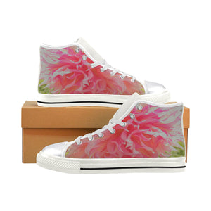 High Top Sneakers for Women, Elegant Coral and Pink Decorative Dahlia - White
