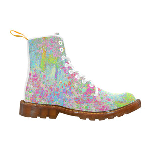 Colorful Boots for Women, Aqua and Hot Pink Sunrise in My Rubio Garden - White