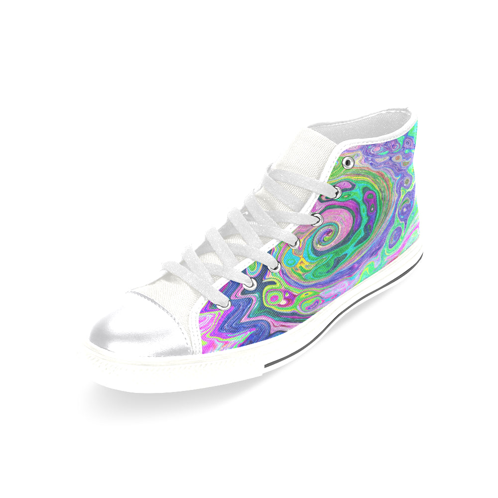 High Top Sneakers for Women, Groovy Abstract Aqua and Navy Lava Swirl - White
