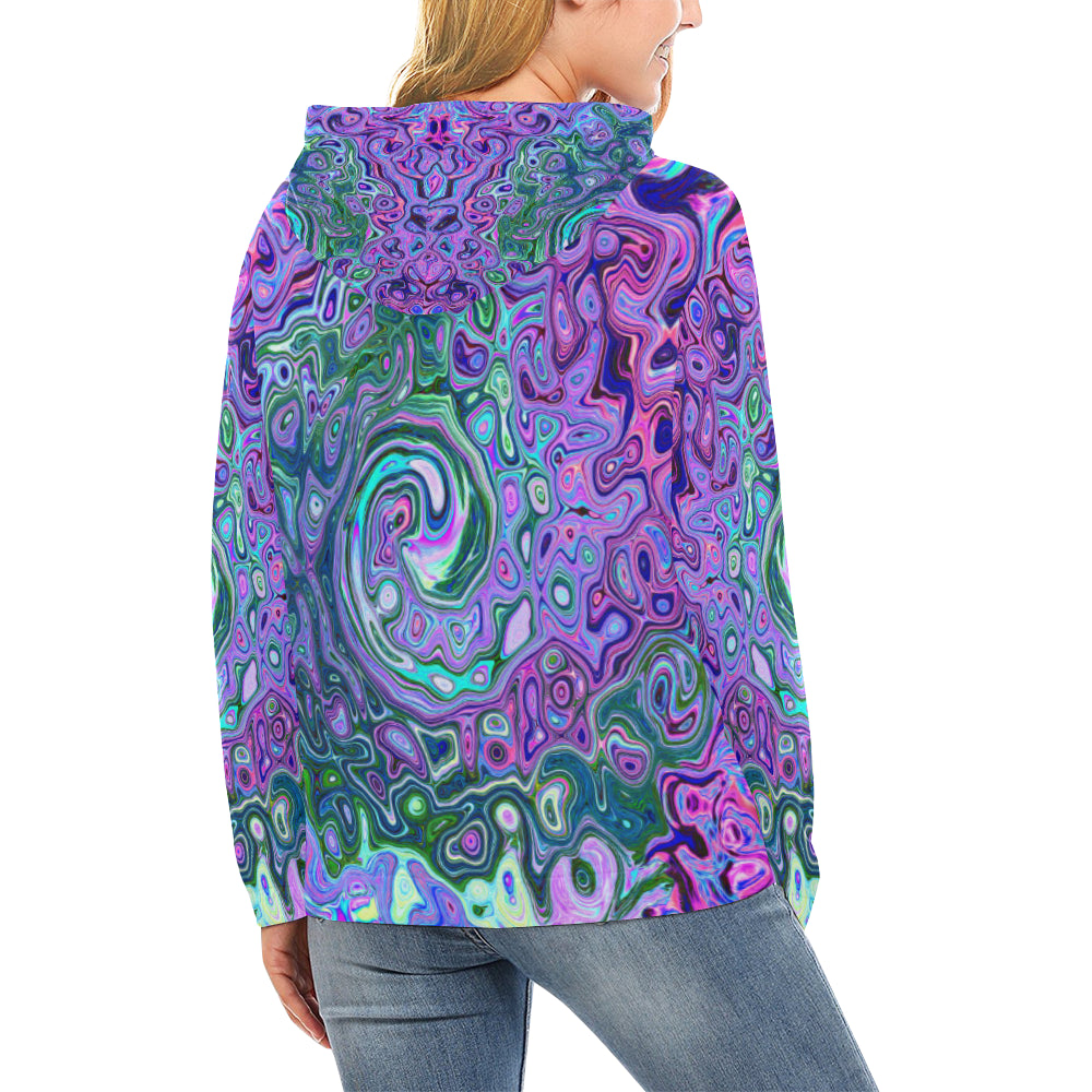 Hoodies for Women, Groovy Abstract Retro Green and Purple Swirl