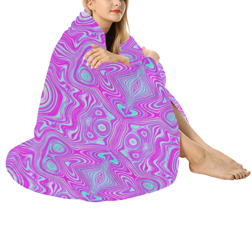 Round Throw Blankets, Trippy Hot Pink and Aqua Blue Abstract Pattern