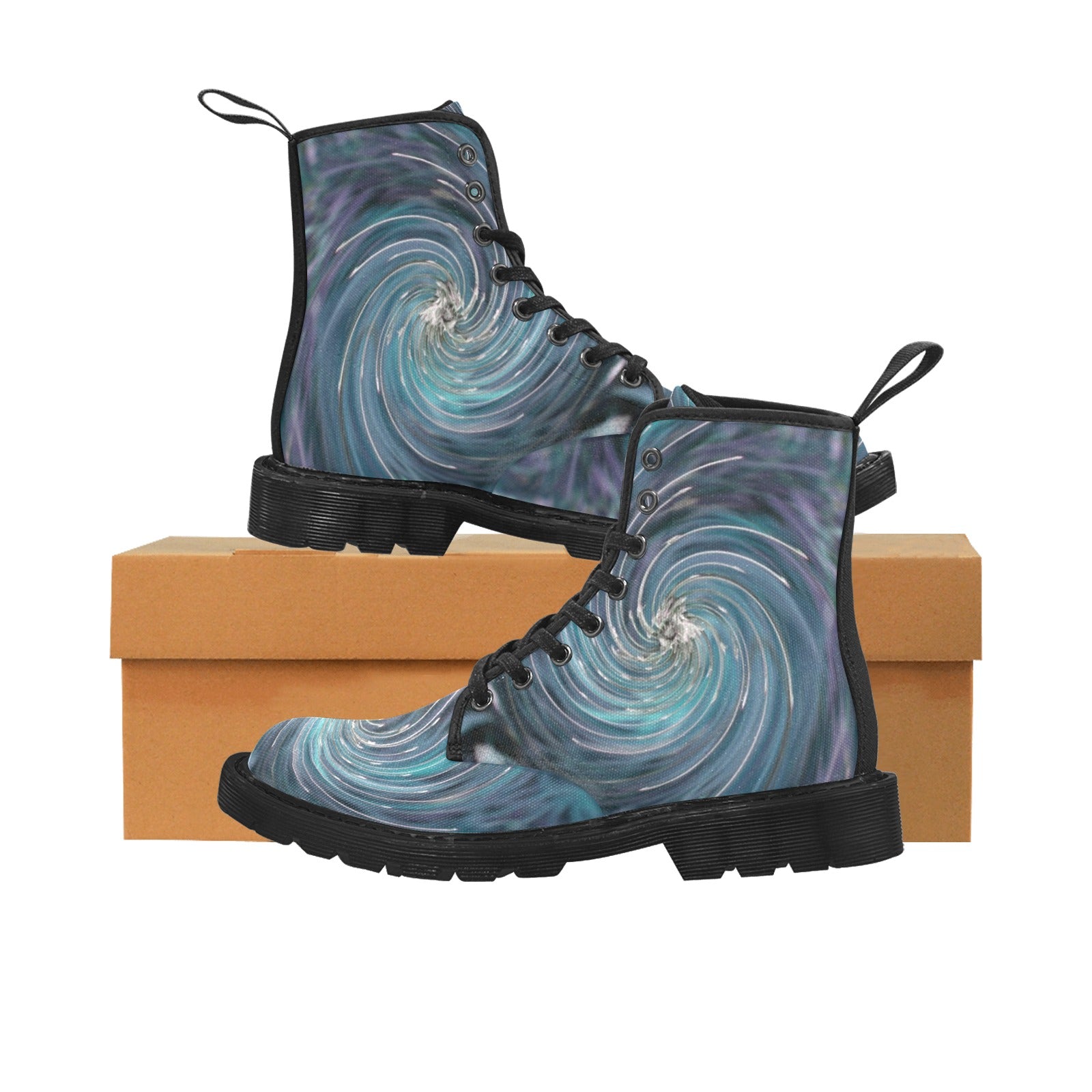 Boots for Women, Cool Abstract Retro Black and Teal Cosmic Swirl - Black