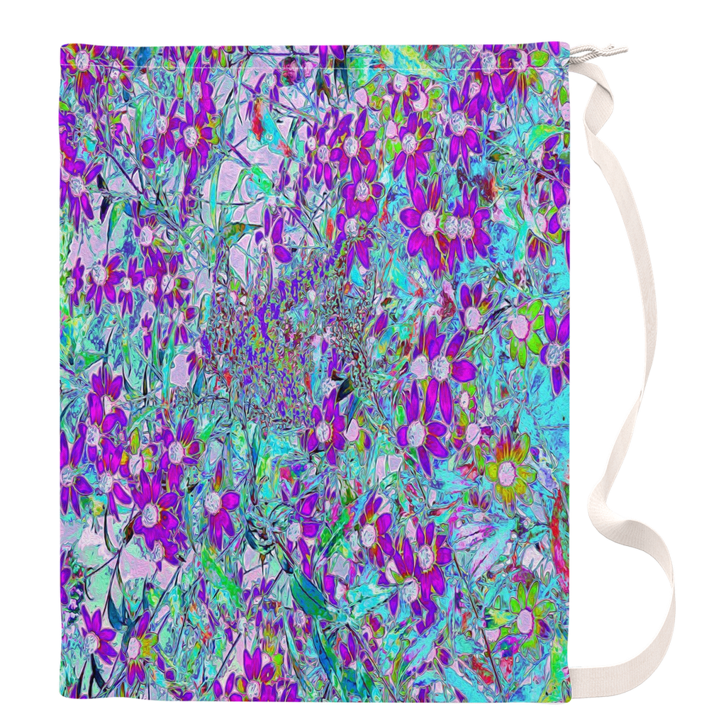 Large Laundry Bags, Aqua Garden with Violet Blue and Hot Pink Flowers