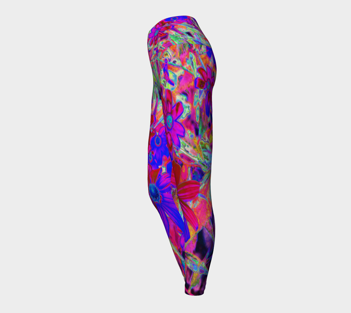 Artsy Yoga Leggings, Psychedelic Retro Crimson and Magenta Wildflowers