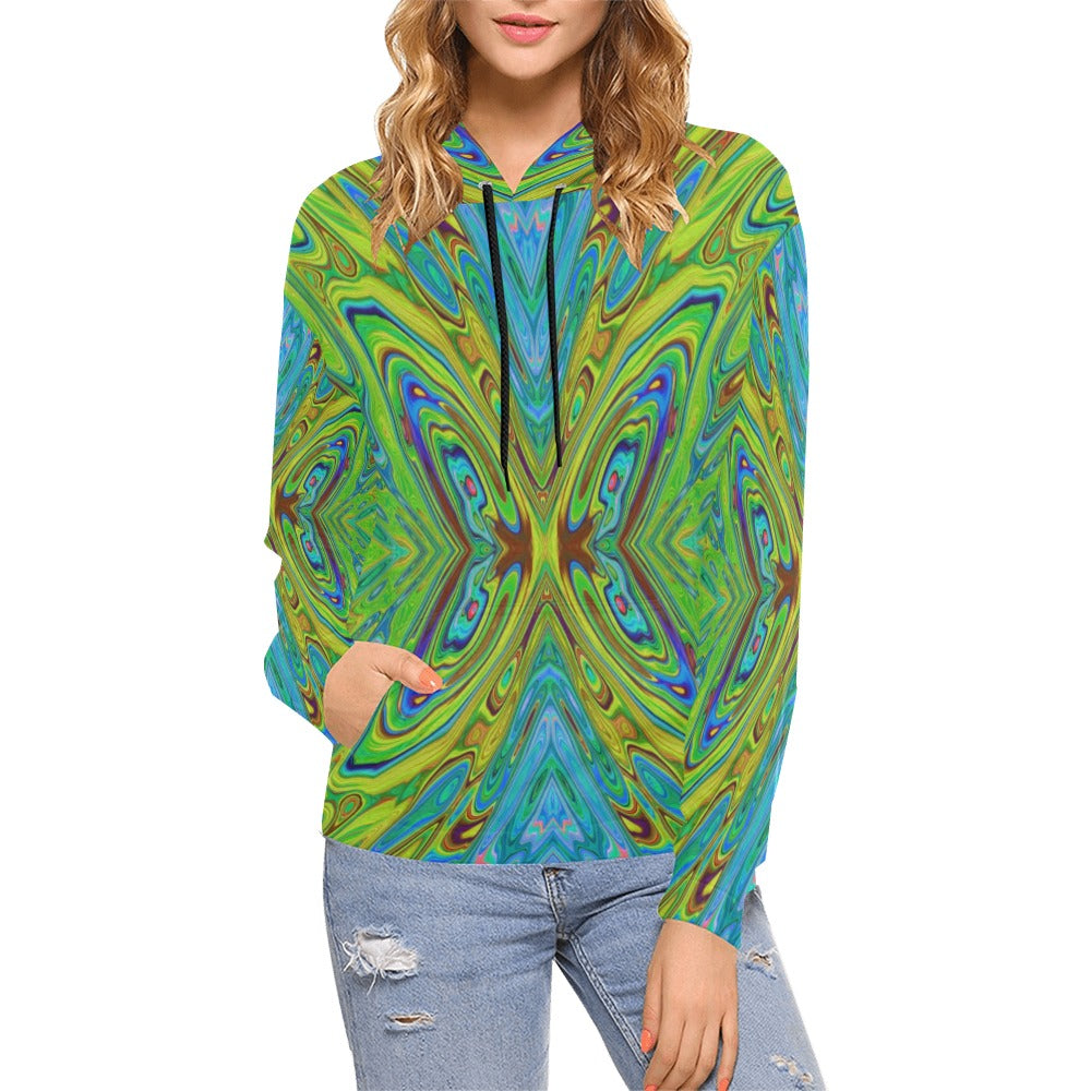 Hoodies for Women, Trippy Chartreuse and Blue Abstract Butterfly