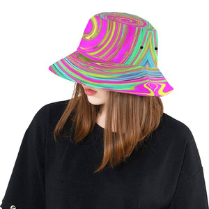 Bucket Hats, Groovy Abstract Pink and Turquoise Swirl with Flowers