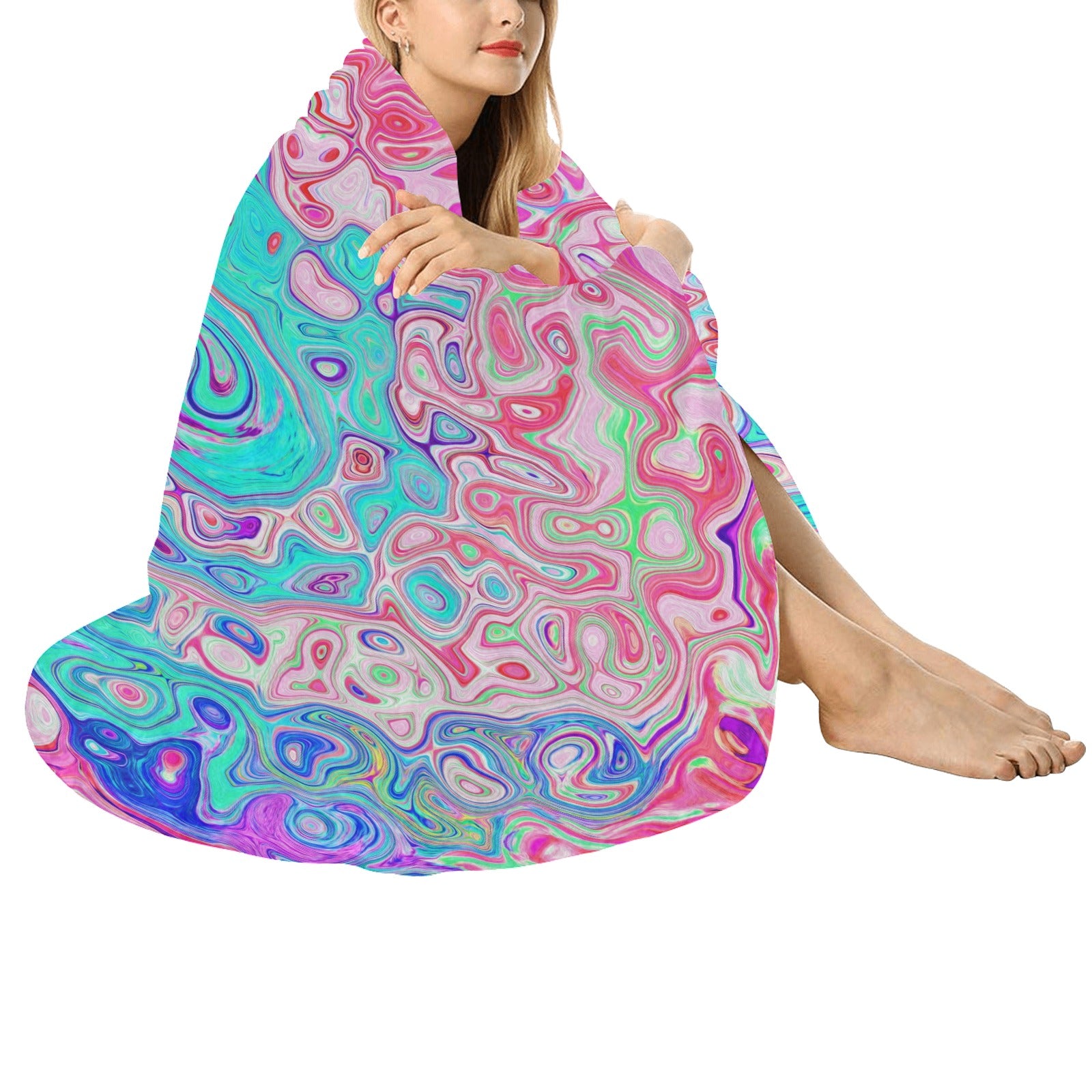 Round Throw Blankets, Groovy Aqua Blue and Pink Abstract Retro Swirl