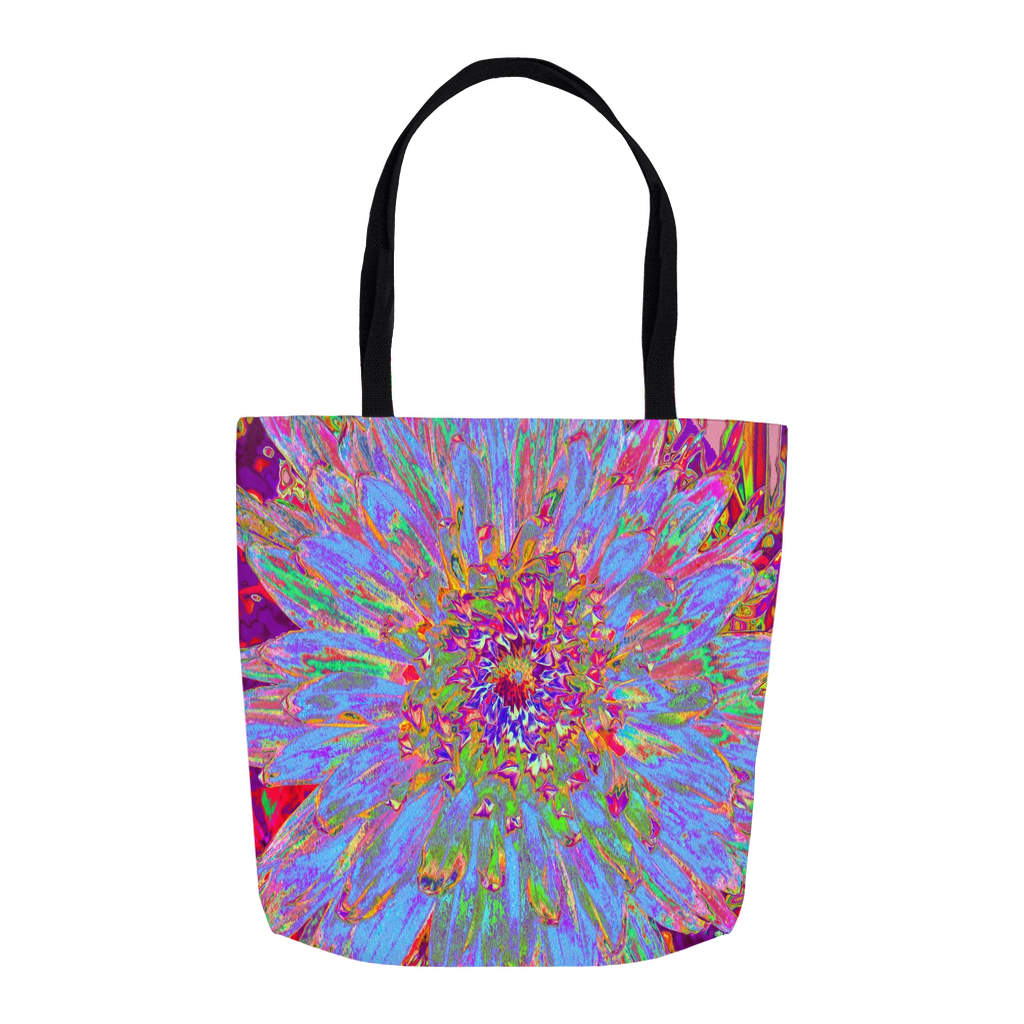 Tote Bags, Psychedelic Groovy Blue Abstract Dahlia Flower