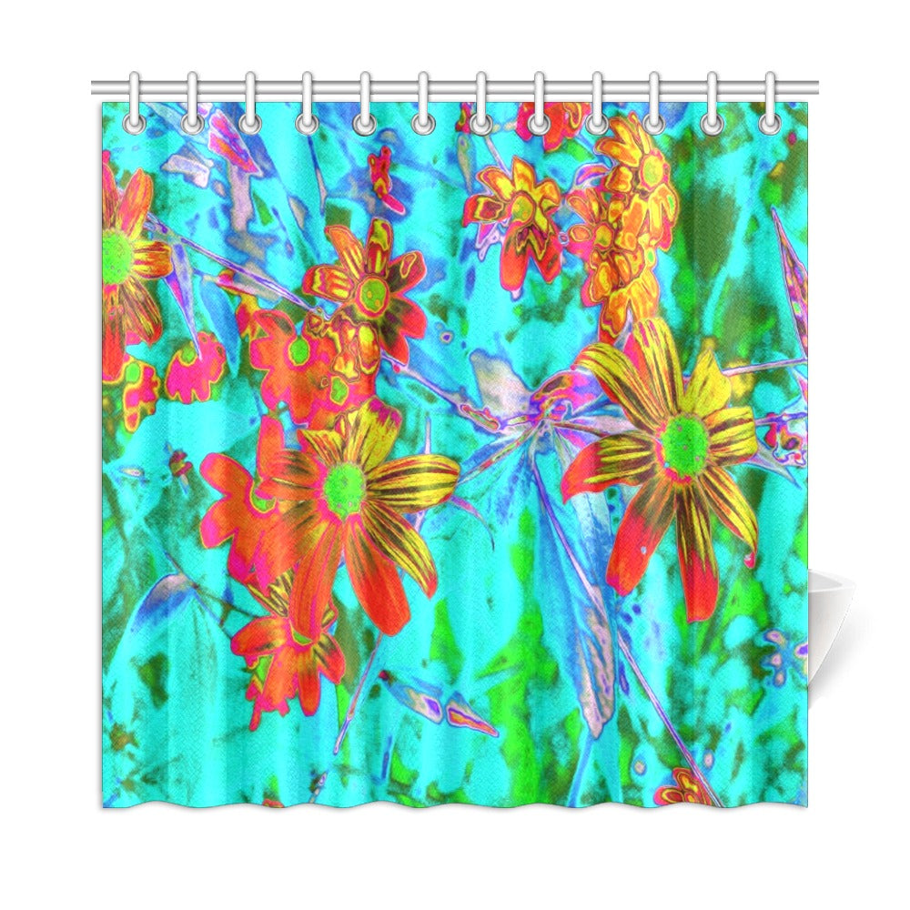 Shower Curtains, Aqua Tropical with Yellow and Orange Flowers - 72 x 72