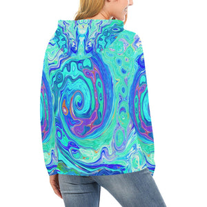 Lightweight Hoodies for Women, Groovy Abstract Ocean Blue and Green Liquid Swirl