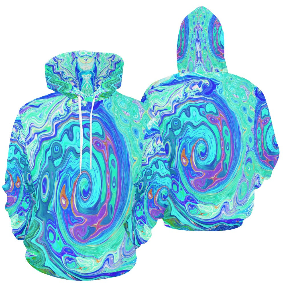 Lightweight Hoodies for Women, Groovy Abstract Ocean Blue and Green Liquid Swirl