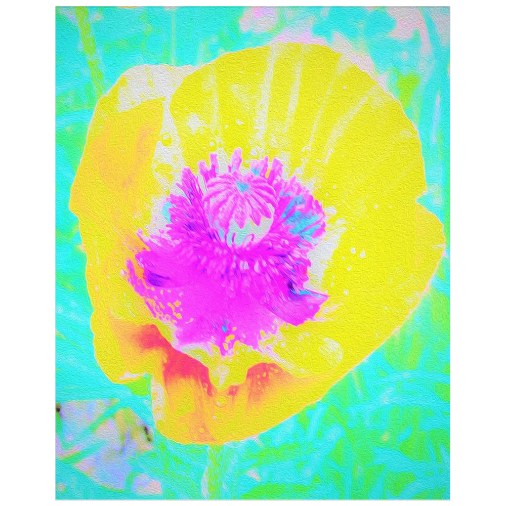 Posters, Yellow Poppy with Hot Pink Center on Turquoise - Vertical
