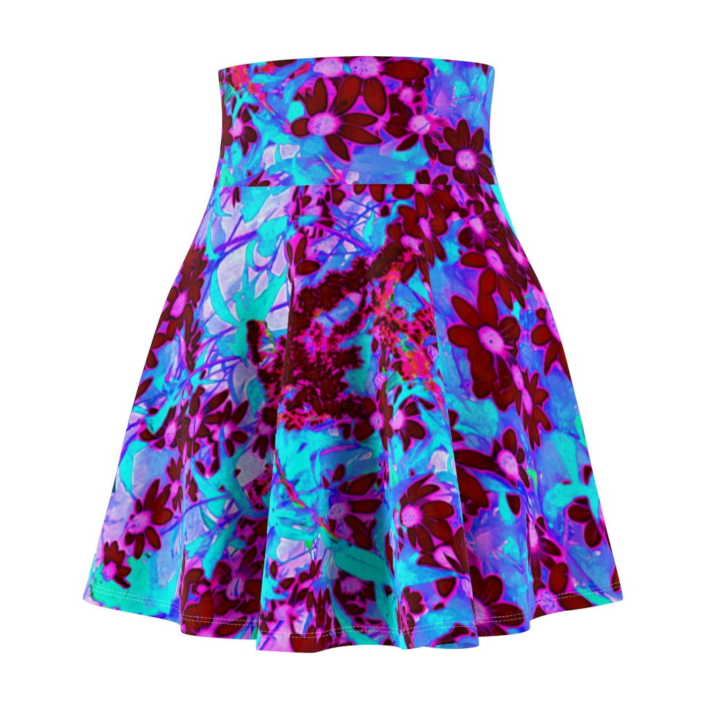 Skater Skirt, Crimson Red and Pink Wildflowers on Blue