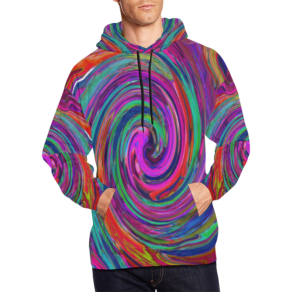 Hoodies for Men, Groovy Abstract Retro Magenta Dark Rainbow Swirl