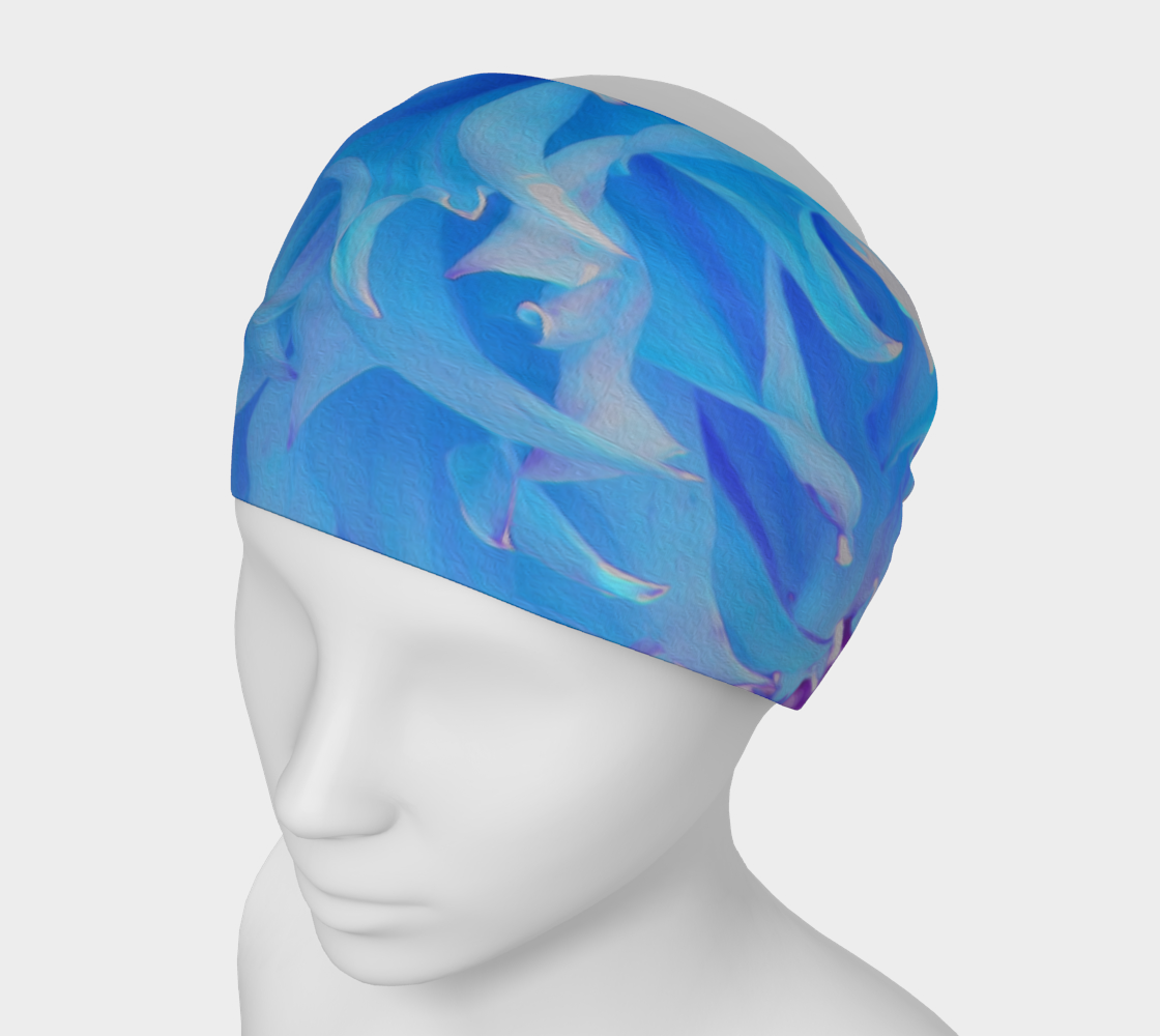 Wide Fabric Headband, Elegant Blue Decorative Dahlia Flower, Face Covering