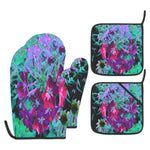 Oven Mitts and Pot Holders Set, Dramatic Red, Purple and Pink Garden Flower