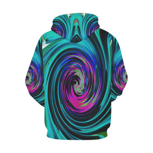 Hoodies for Men, Dramatic Black and Turquoise Abstract Retro Twirl