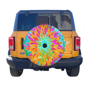 Spare Tire Cover with Backup Camera Hole - Tropical Orange and Hot Pink Decorative Dahlia - Small