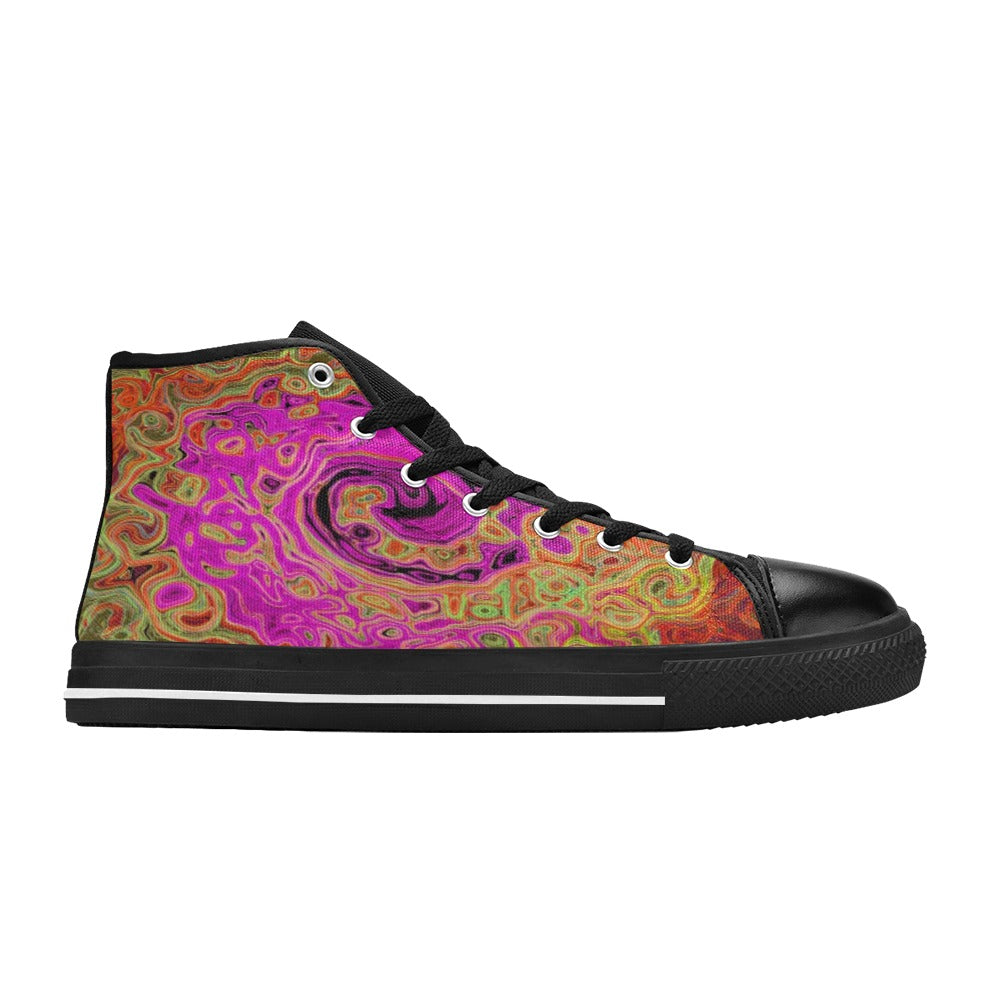 High Top Sneakers for Women - Hot Pink Groovy Abstract Retro Liquid Swirl - Black