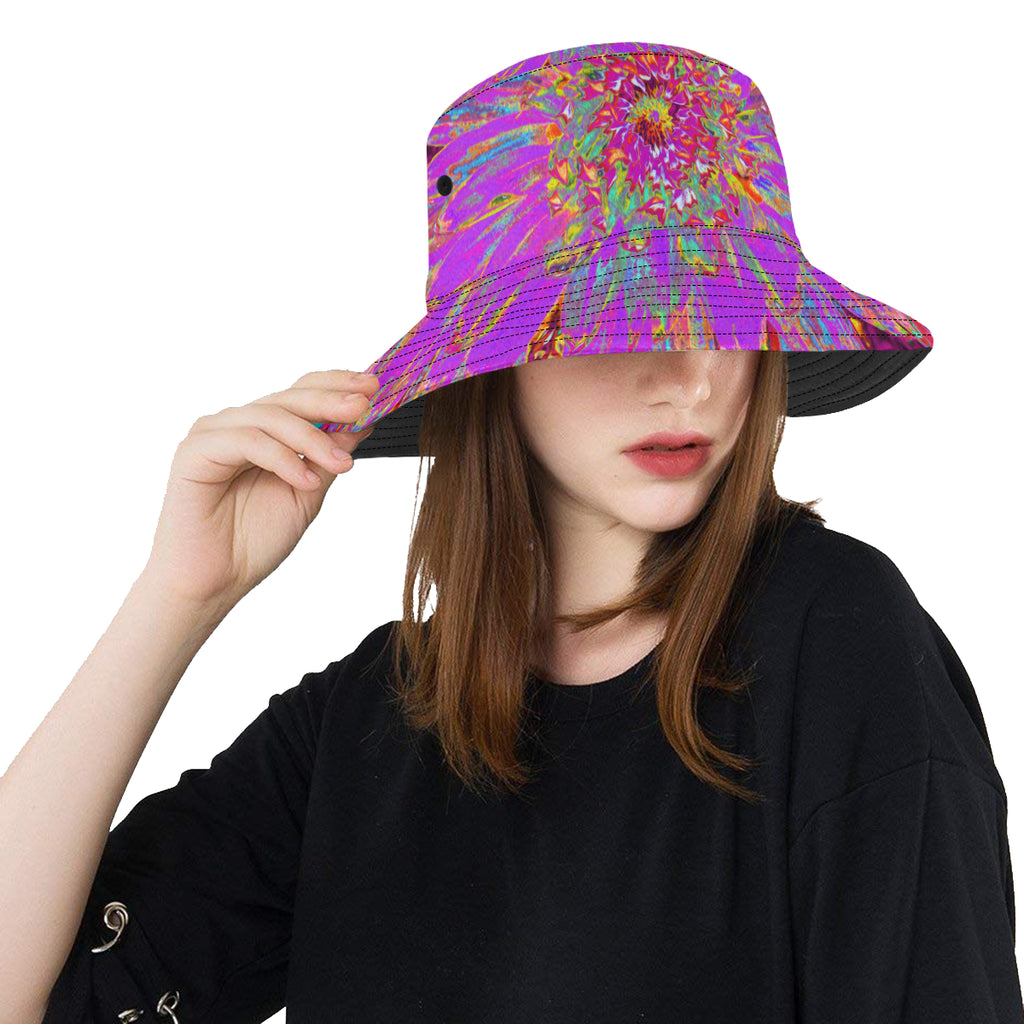 Bucket Hats, Retro Psychedelic Purple and Orange Dahlia Flower