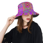 Bucket Hats, Retro Psychedelic Purple and Orange Dahlia Flower