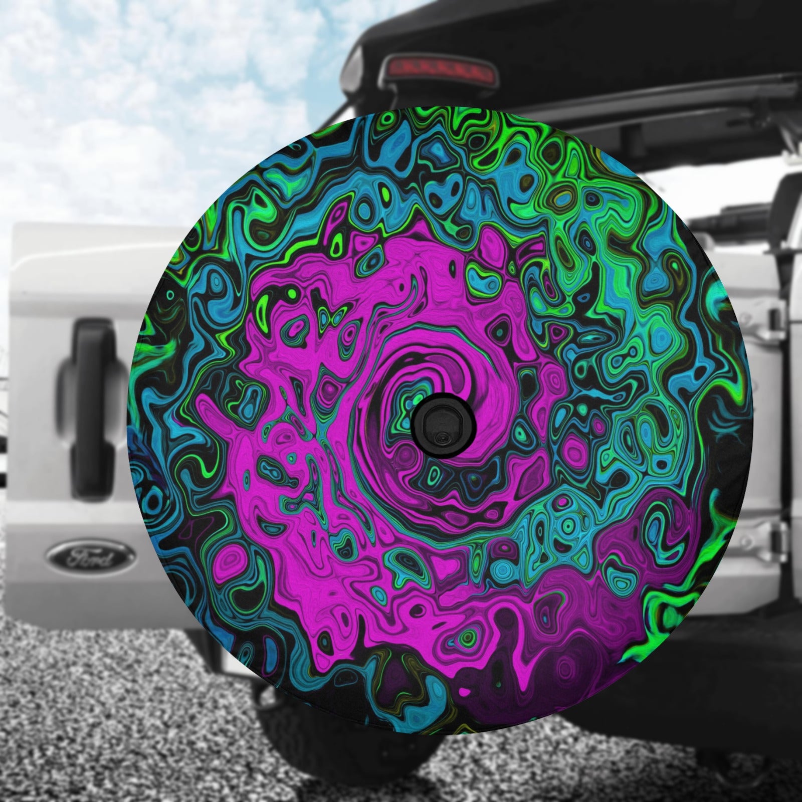 Spare Tire Cover with Backup Camera Hole - Bold Magenta Abstract Groovy Liquid Art Swirl - Medium