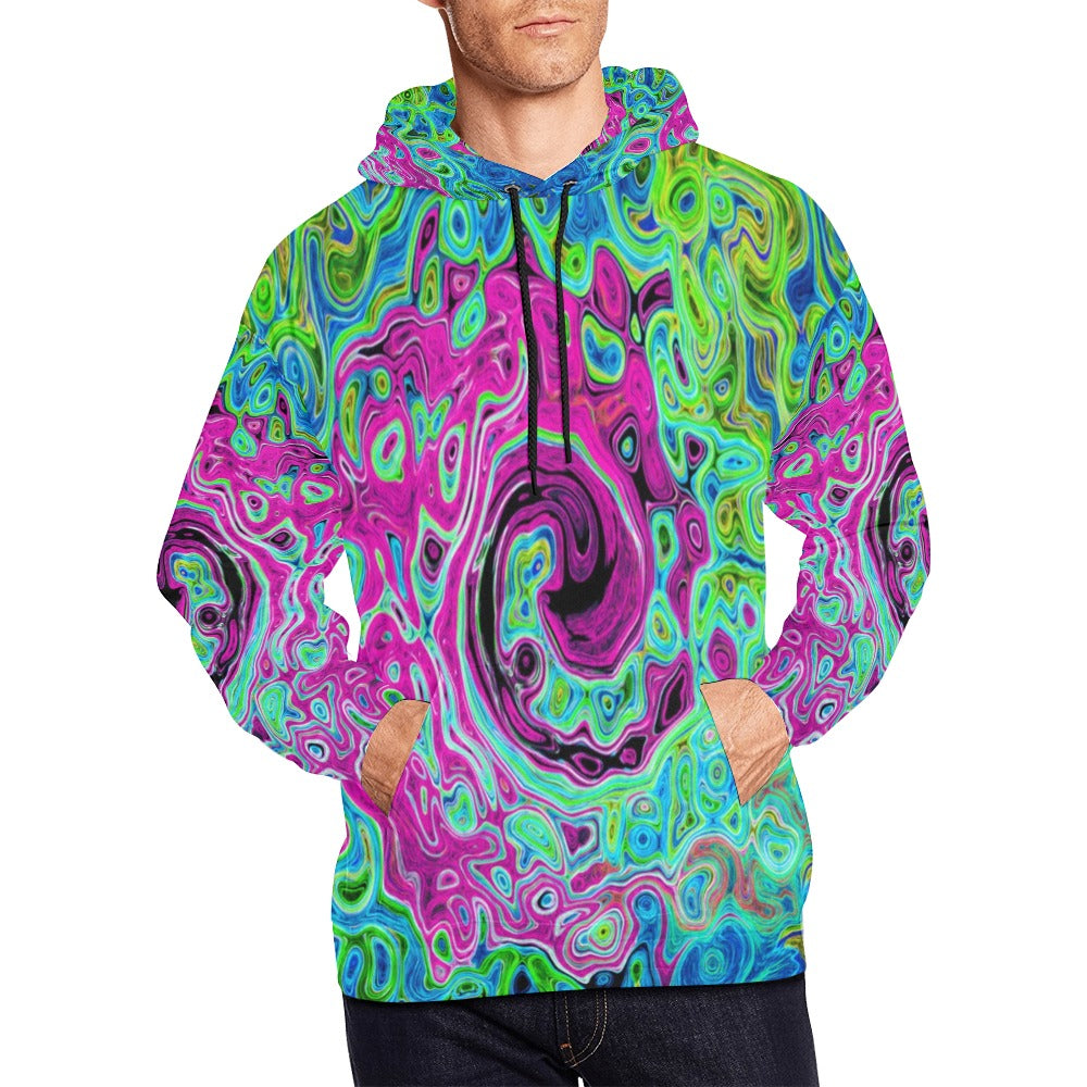 Hoodies for Men, Hot Pink and Blue Groovy Abstract Retro Liquid Swirl