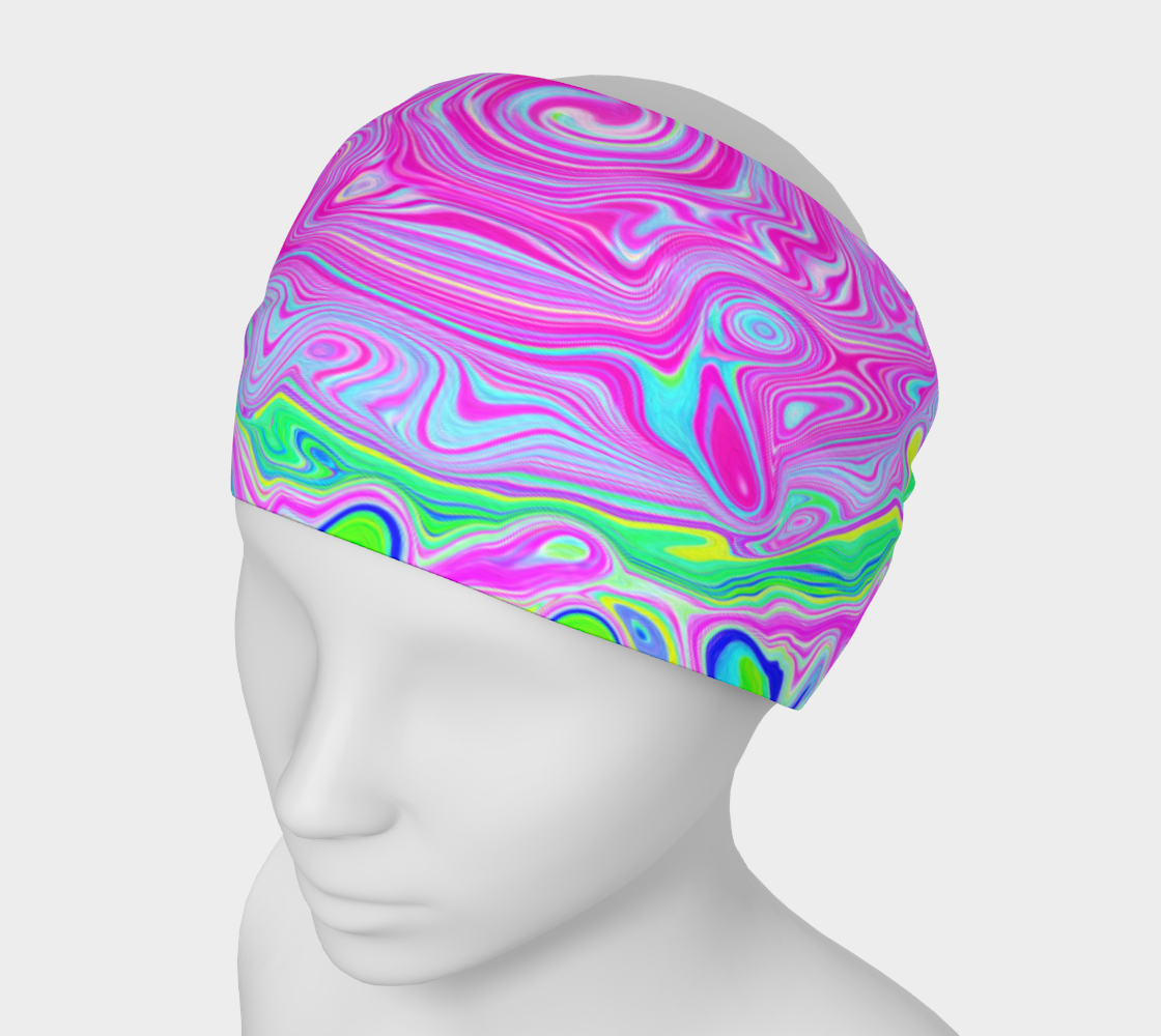 Wide Fabric Headband, Groovy Aqua, Pink and Pastel Green Liquid Art, Face Covering