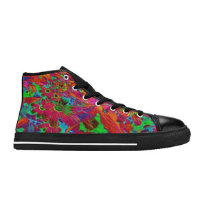 High Top Sneakers for Women, Psychedelic Groovy Red and Green Wildflowers - Black