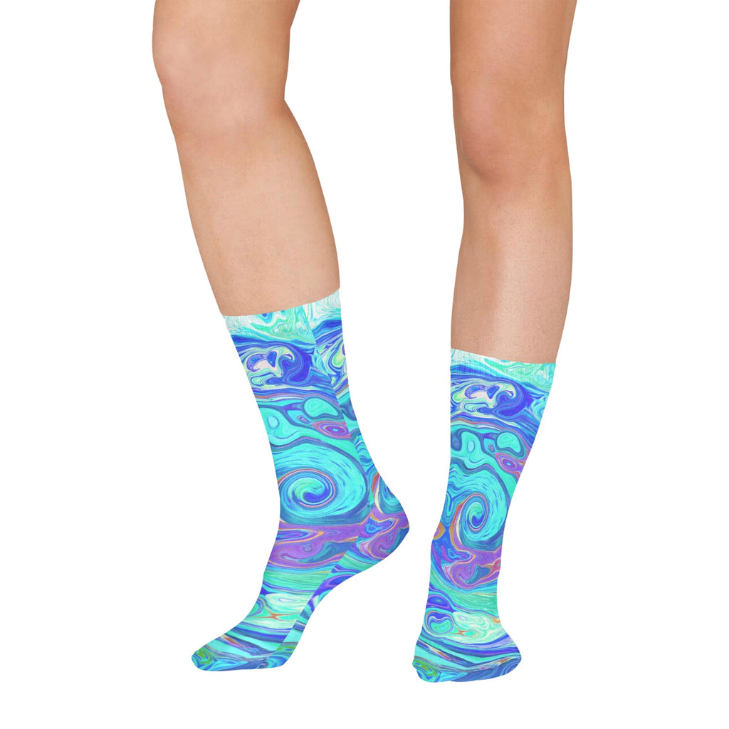 Socks for Women, Groovy Abstract Ocean Blue and Green Liquid Swirl