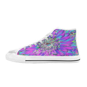High Top Sneakers for Women, Trippy Abstract Aqua, Lime Green and Purple Dahlia