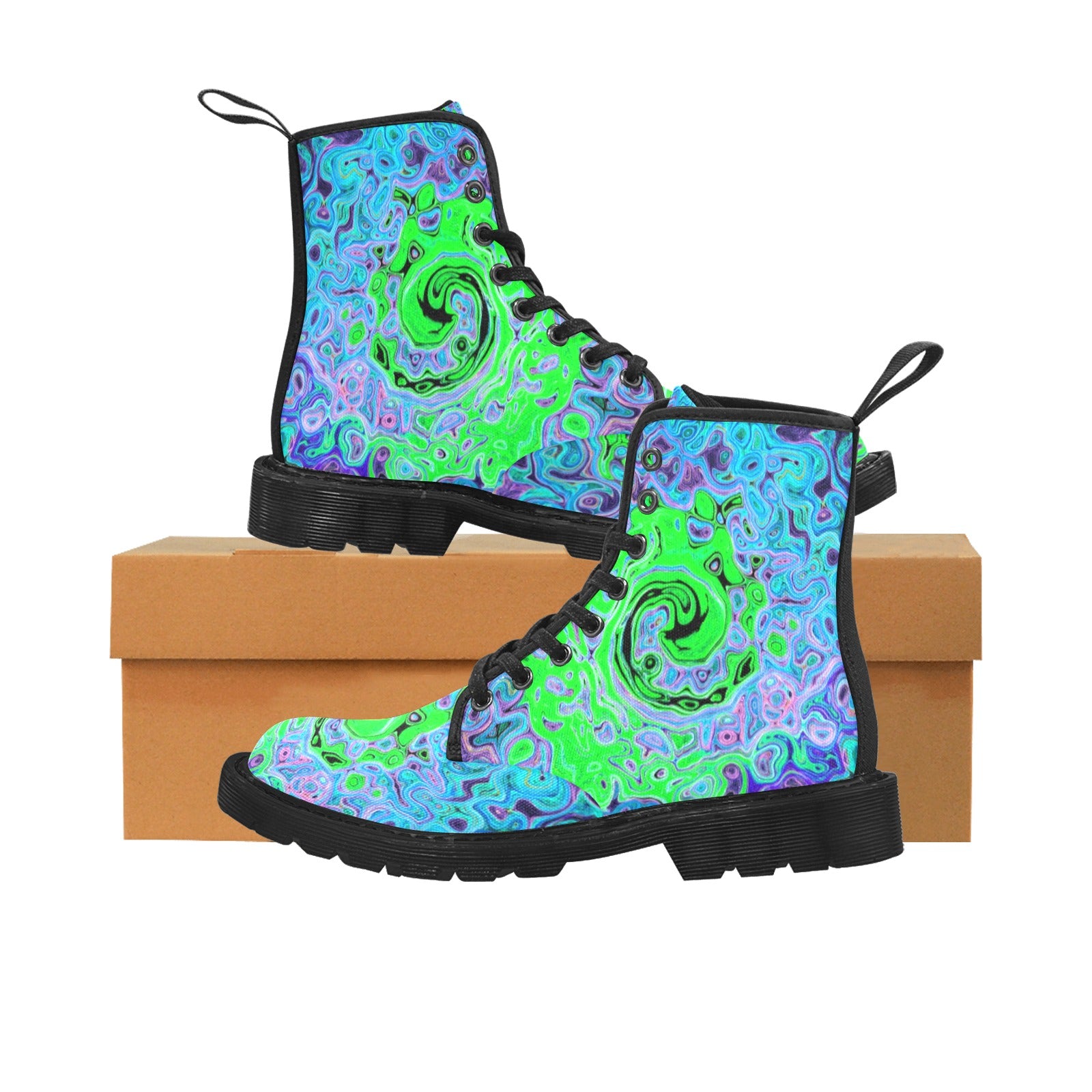 Boots for Women, Lime Green Groovy Abstract Retro Liquid Swirl - Black